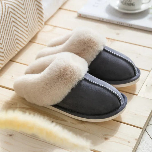נעלי בית לחורף עם פרווה מלאכותית וקטיפה - נעלי אביגיל אפור כהה / 40-41